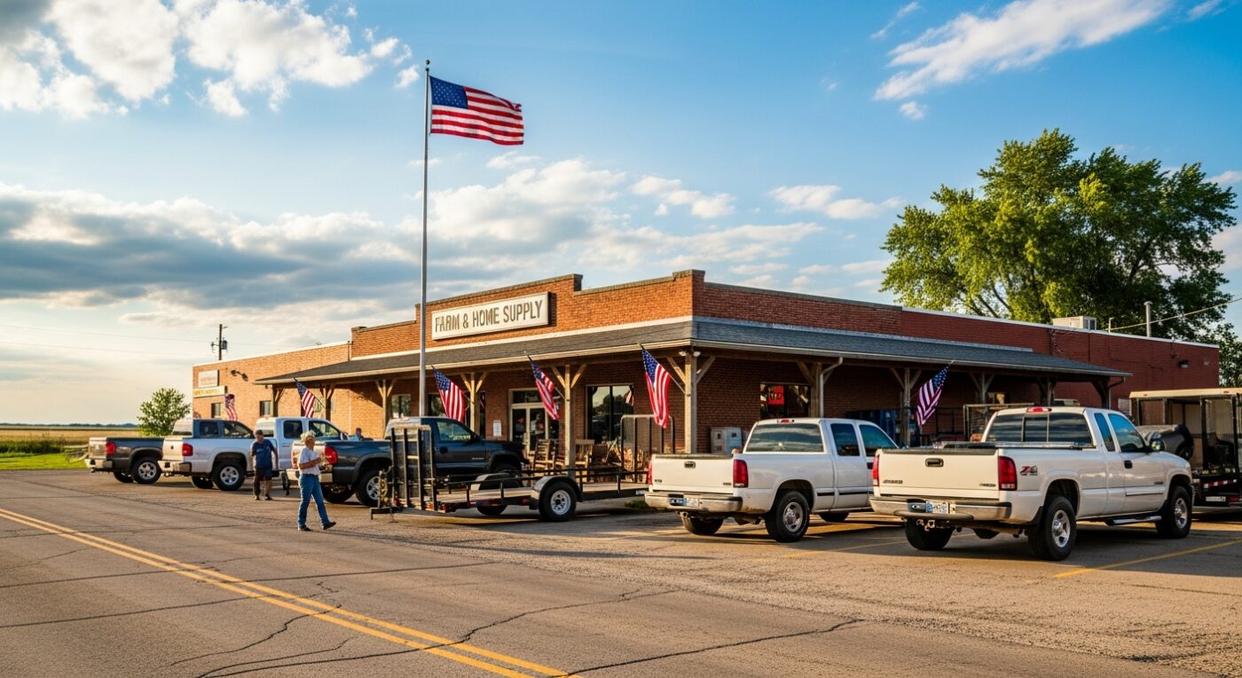 Farm and Home Supply retail store exterior with trucks in parking lot - DEF additive illinois