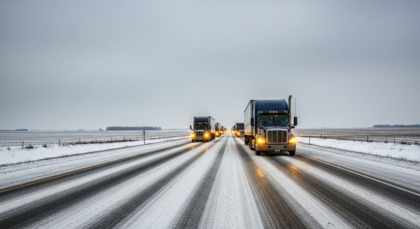 Semi trucks on snowy Midwest interstate highway with salt on road - DEF additive michigan