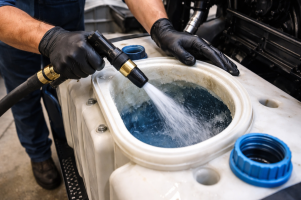 Technician flushing and cleaning a DEF tank to remove crystallization