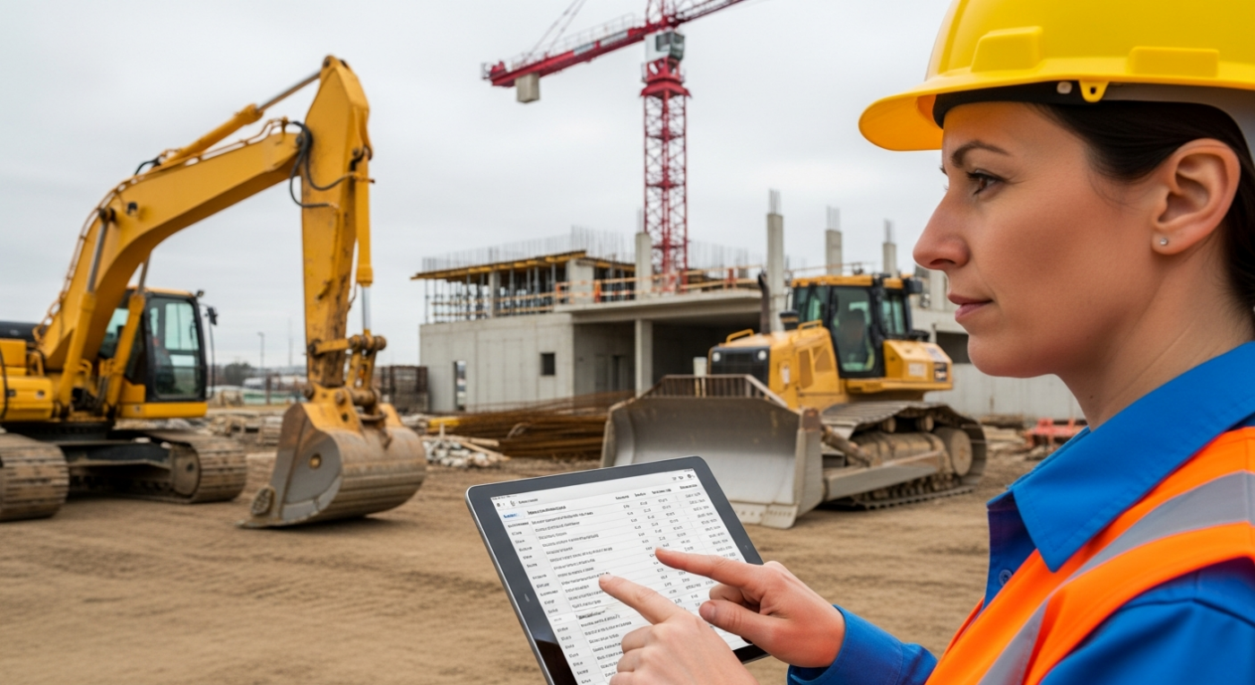 Construction fleet manager reviewing equipment DEF maintenance