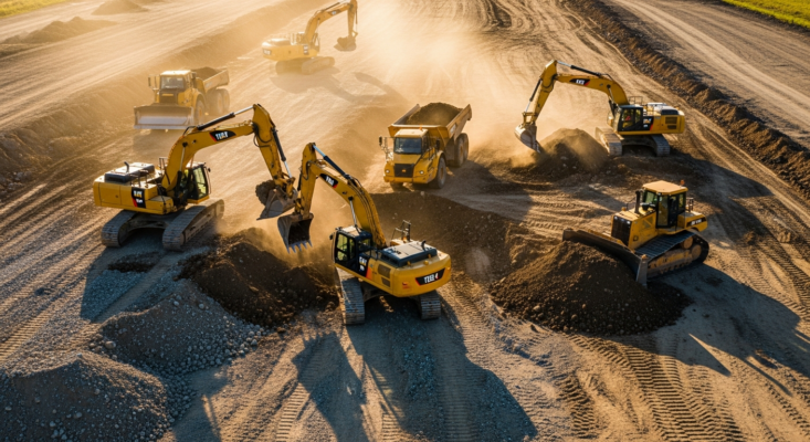 Construction site with Tier 4 heavy equipment fleet