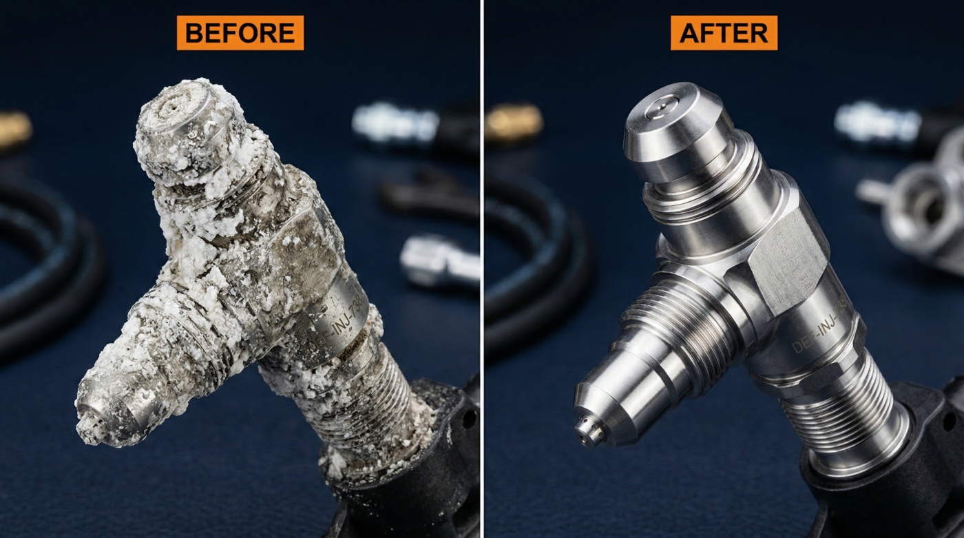 DEF dosing injector before and after NüDef treatment showing crystal deposits removed