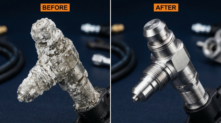 DEF dosing injector before and after NuDef treatment showing crystal deposits removed