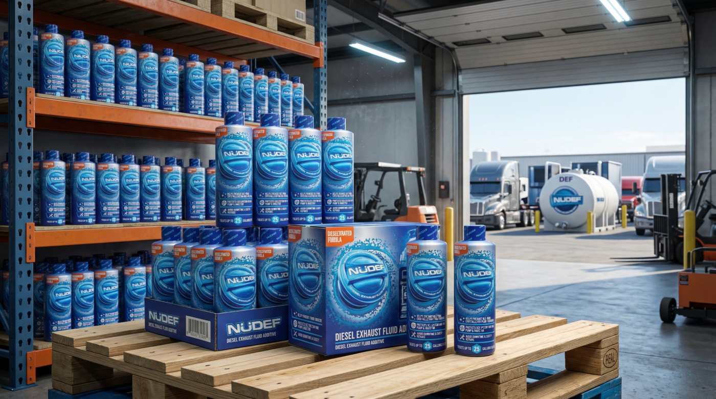 NüDef DEF additive bottles and cases stacked for fleet and wholesale purchasing