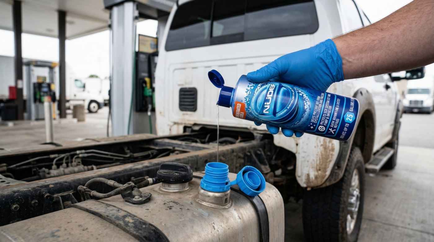 Adding NüDef DEF additive dose to diesel pickup truck DEF tank at fuel station