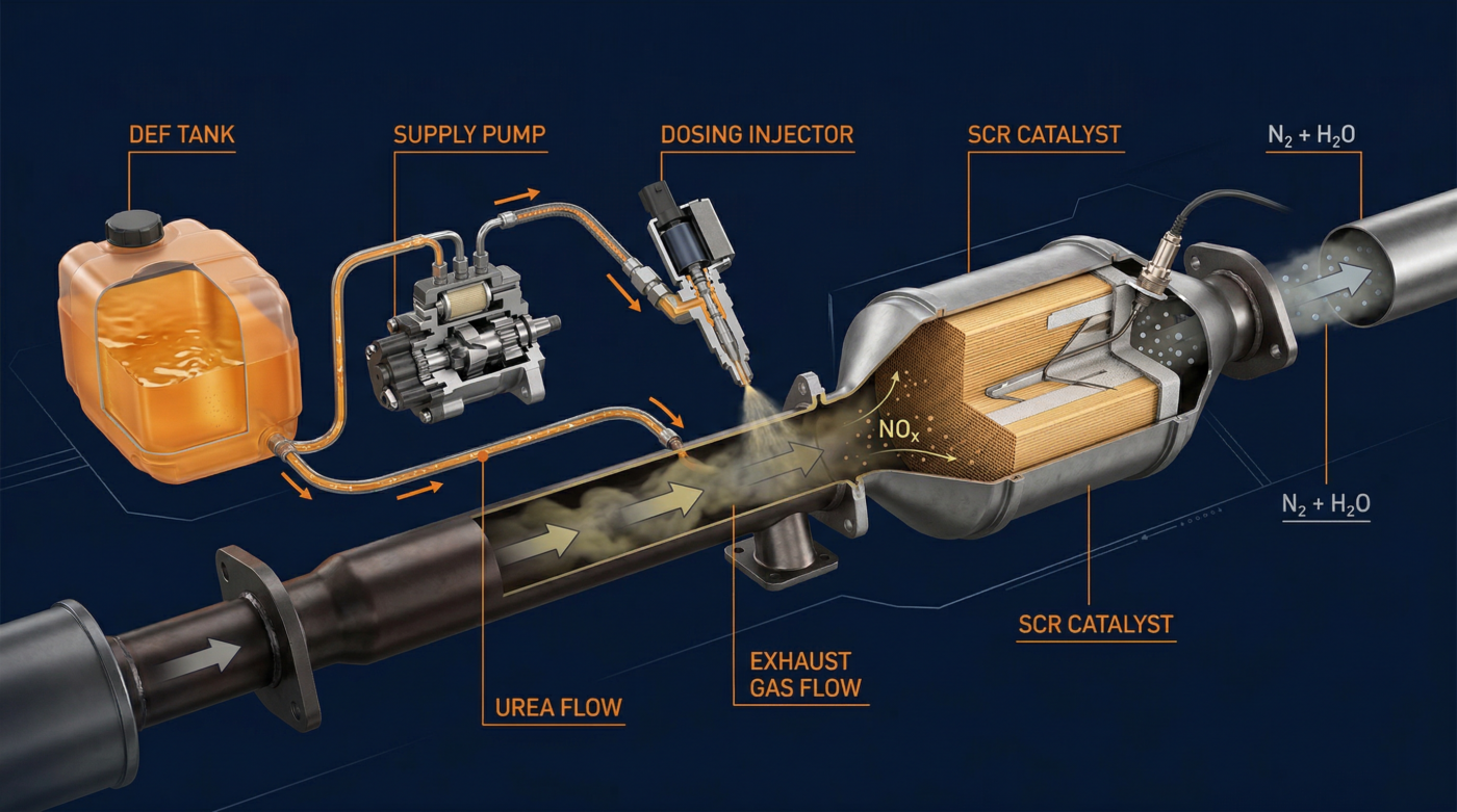 DEF SCR system diagram showing DEF tank pump dosing injector and catalyst