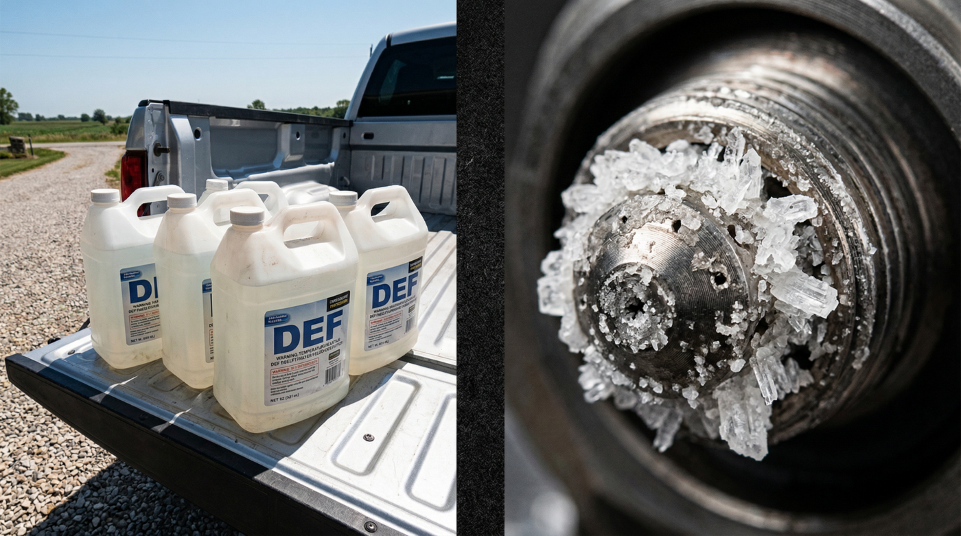 DEF jugs in summer heat causing evaporation and crystallization in dosing injector
