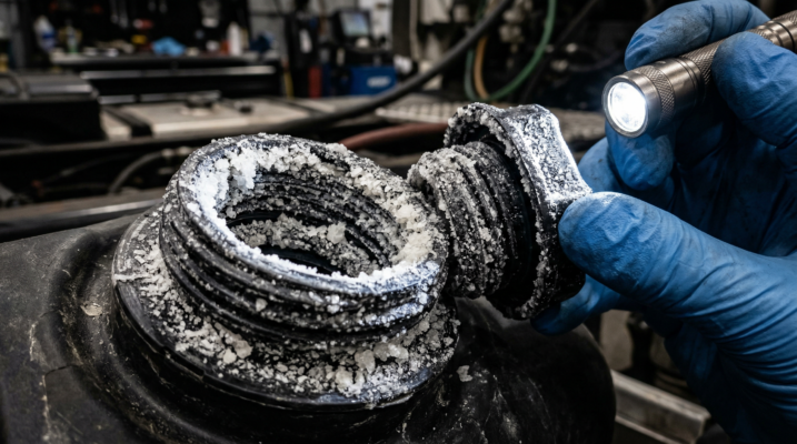 White urea crystal deposits inside DEF tank filler neck causing SCR fault codes