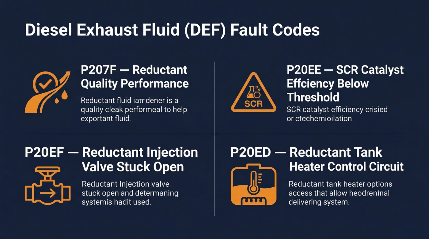 DEF fault codes explained — P207F, P20EE, P20EF, P20ED infographic