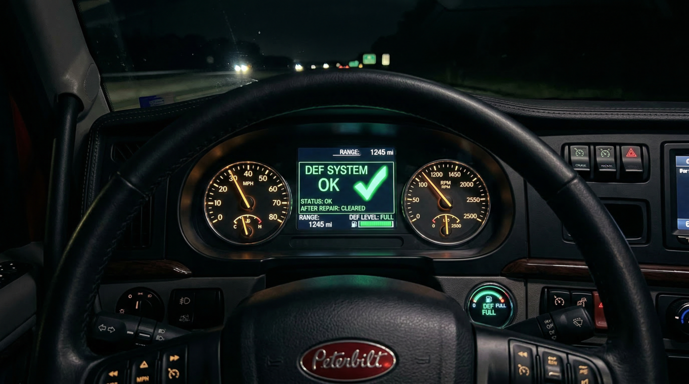 Diesel truck dashboard showing DEF system clear after DEF additive treatment