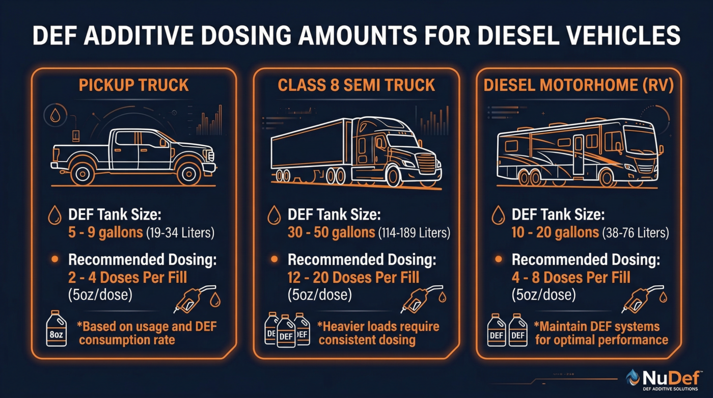 DEF tank size comparison for pickup trucks, semi trucks, and motorhomes showing dosing amounts
