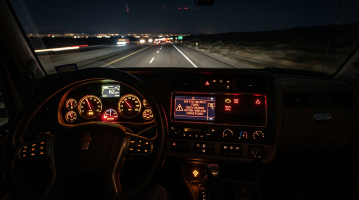 Diesel truck dashboard showing DEF fault code P20EE warning light