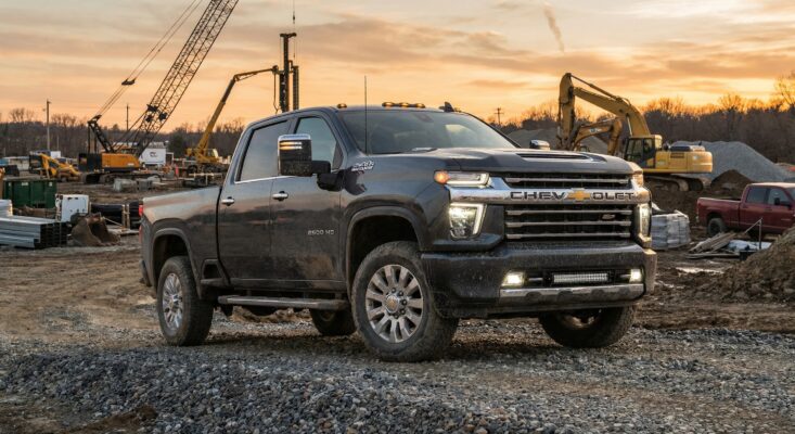Chevy Silverado 2500 HD with Duramax diesel engine at a jobsite