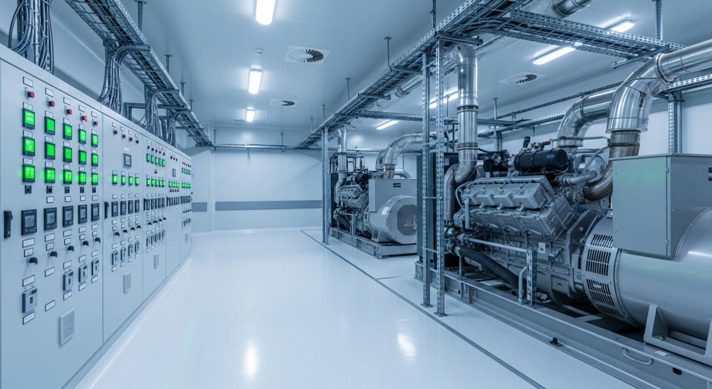 Hospital backup generator room with control panels for emergency power