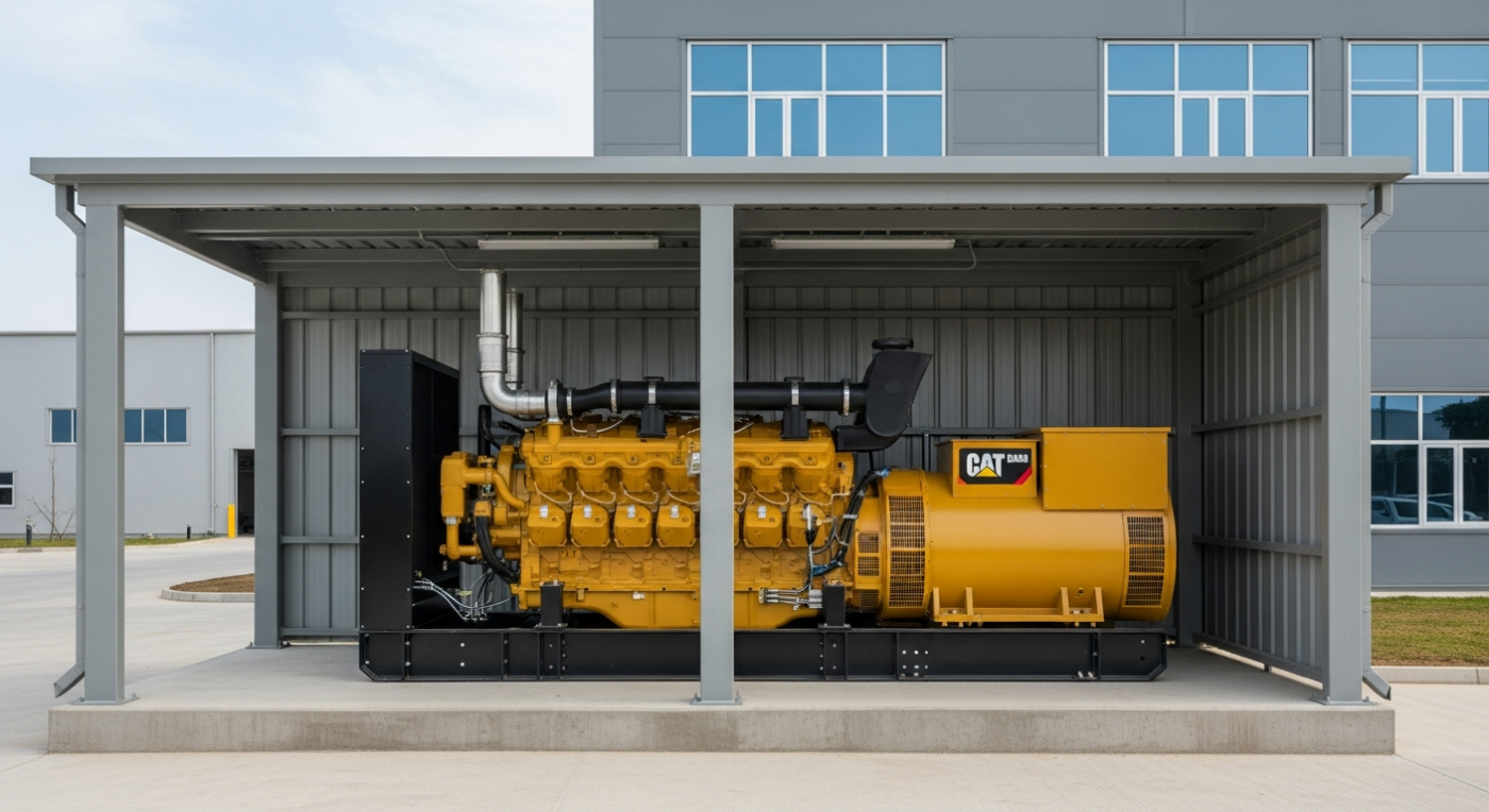 Large industrial diesel generator on concrete pad requiring DEF treatment