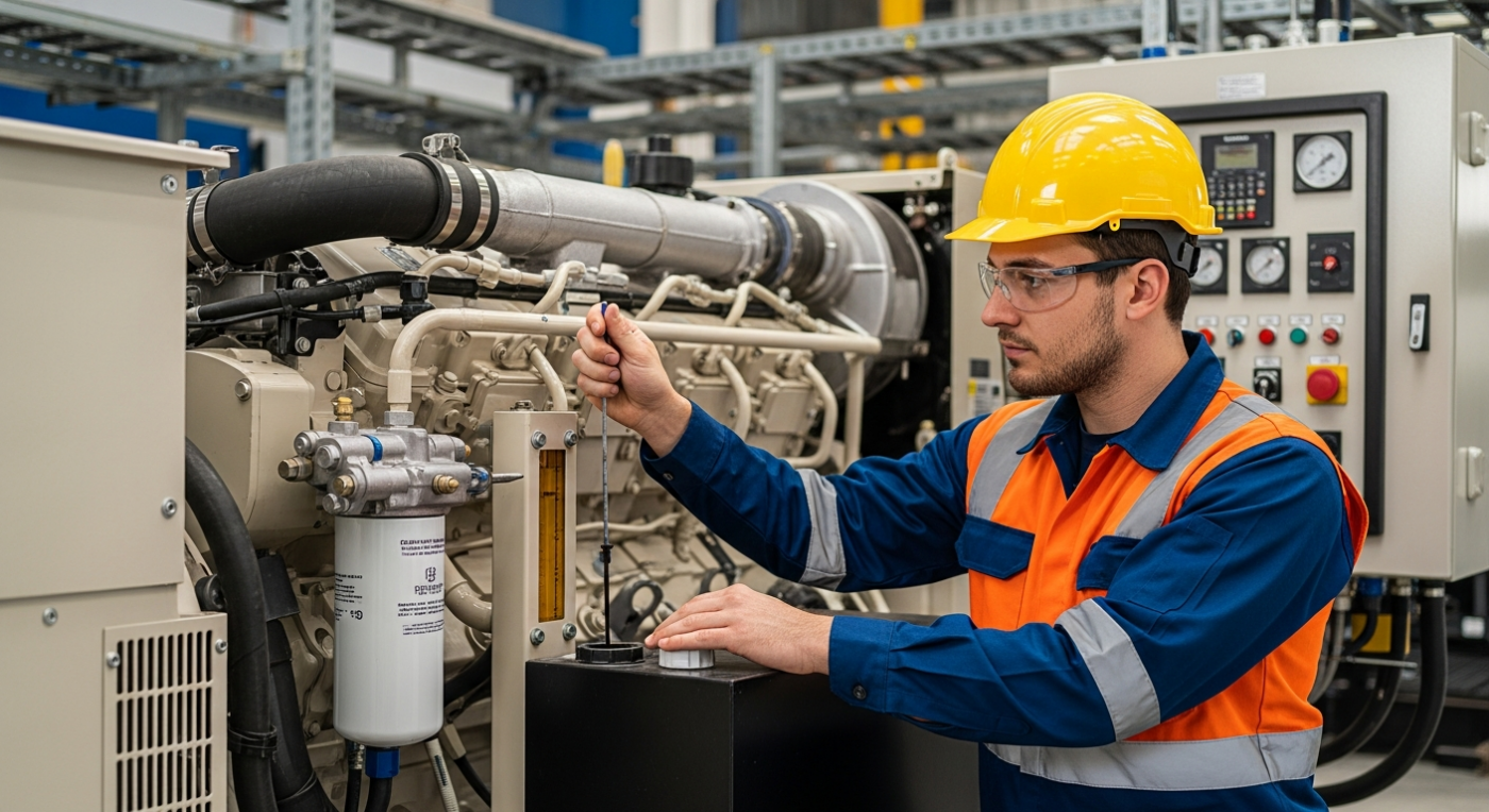 Generator technician checking DEF fluid levels during maintenance