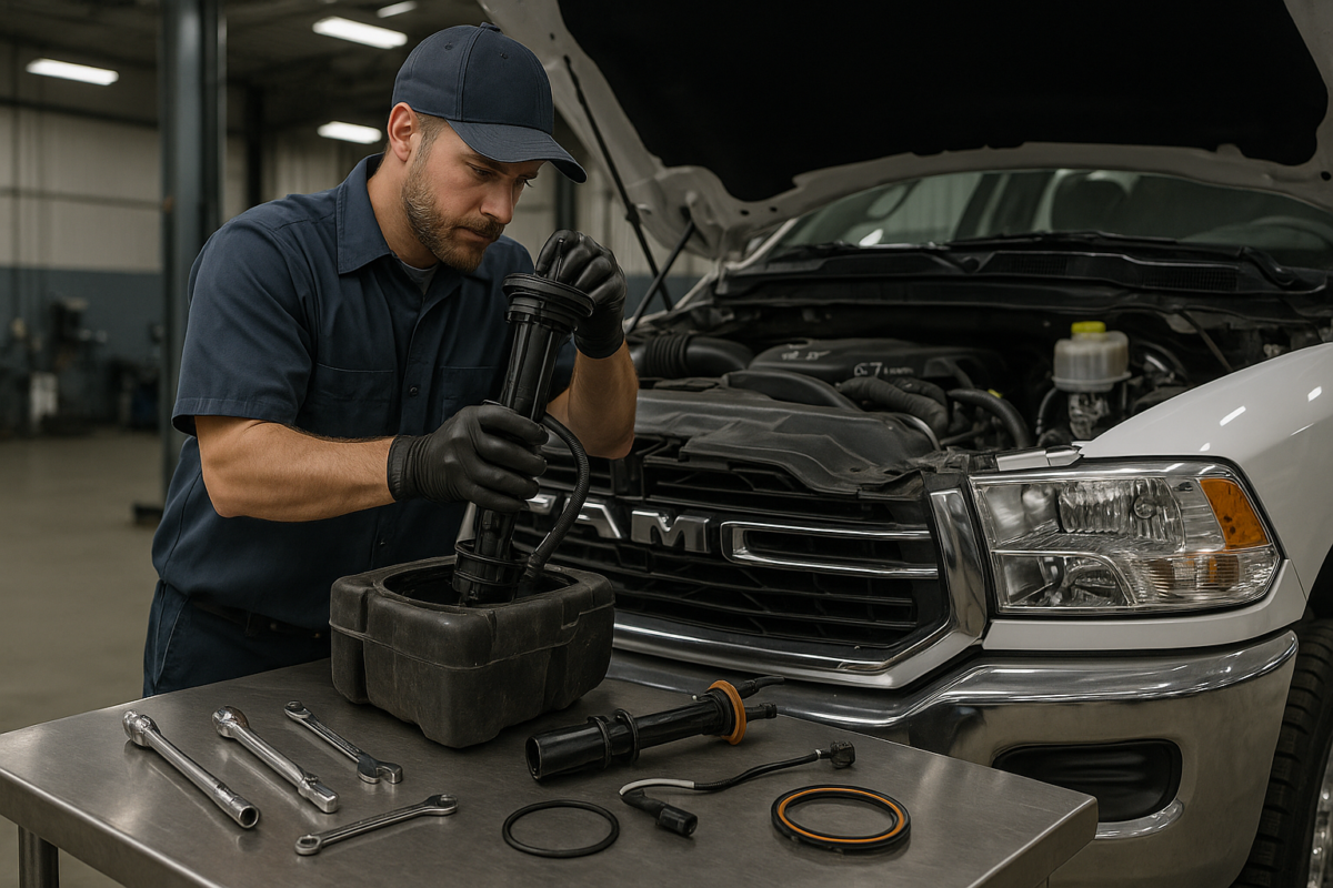 Diesel mechanic replacing DEF tank module on a 6.7 Cummins pickup