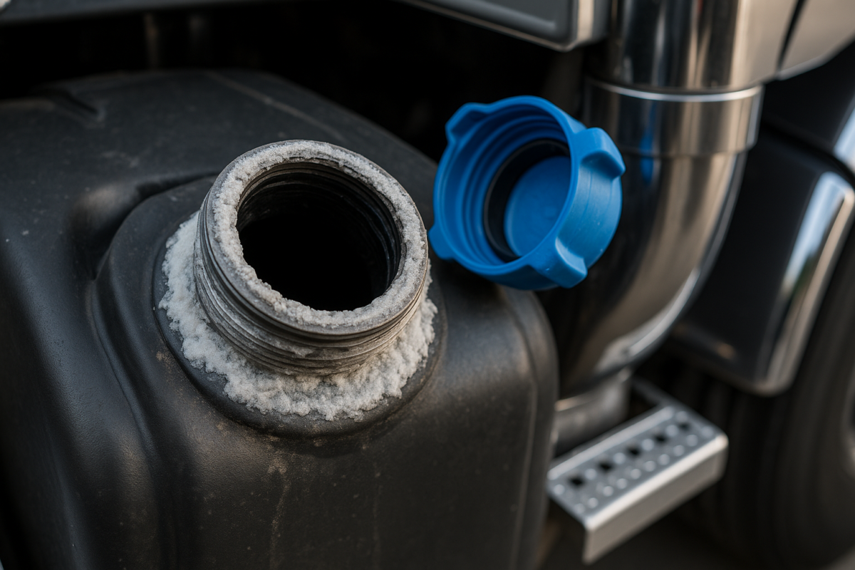 DEF tank fill neck with white urea crystallization on Class 8 truck