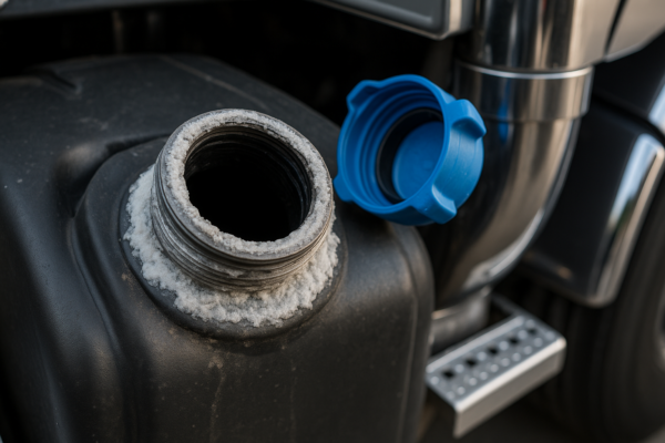 DEF tank fill neck with white urea crystallization on Class 8 truck