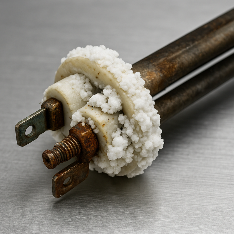 Removed DEF heater element with crystallized urea deposits on workbench