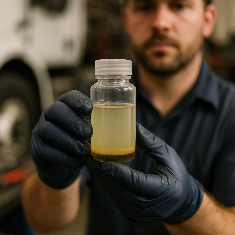 Mechanic holding a DEF sample bottle showing sediment at the bottom