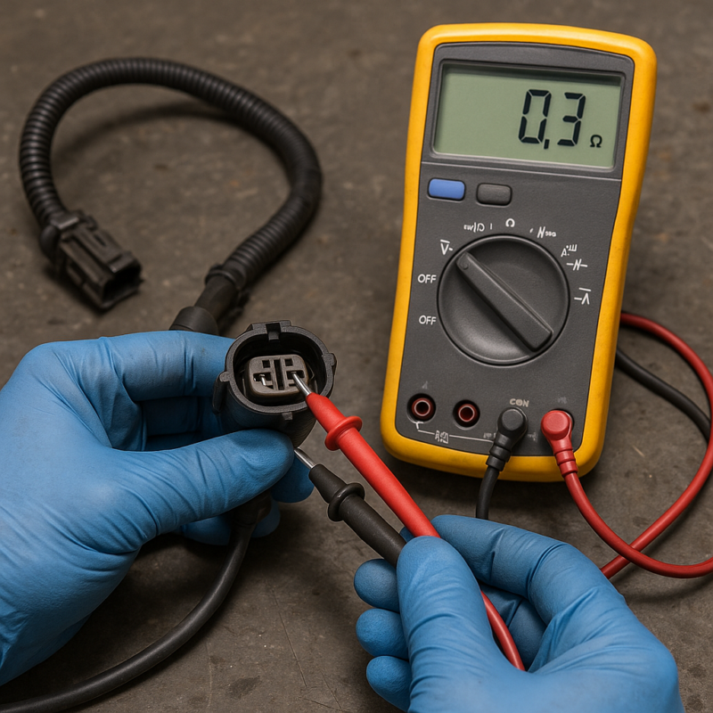 Technician using multimeter to test DEF heater connector resistance