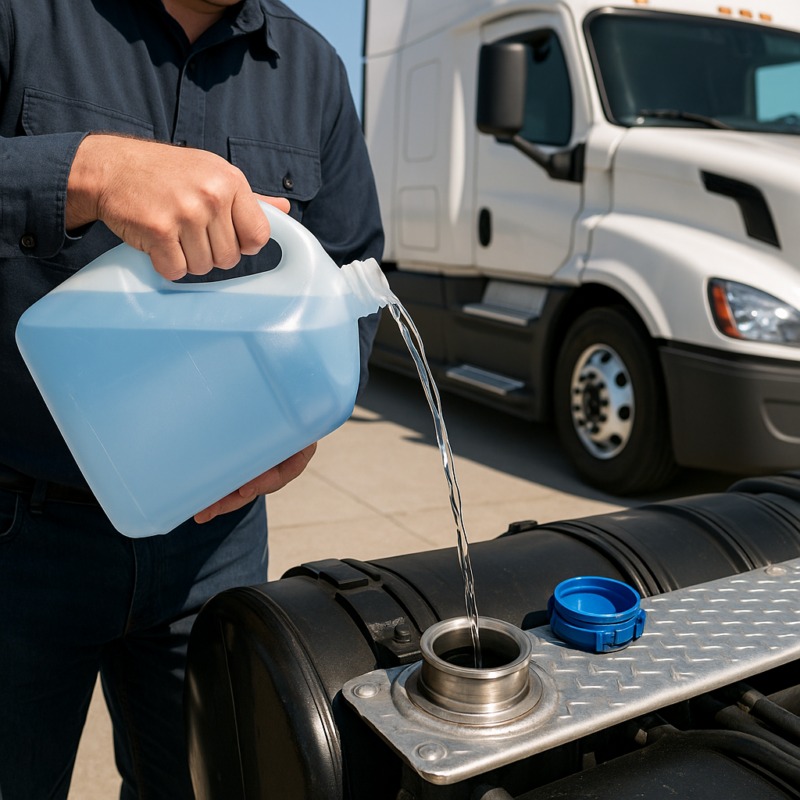 DEF refill pour from clean jug into Class 8 truck
