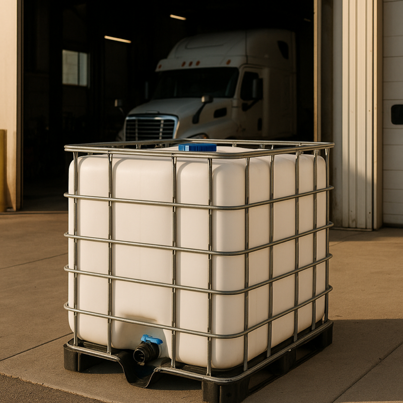 Bulk DEF IBC tote container outside a fleet maintenance facility
