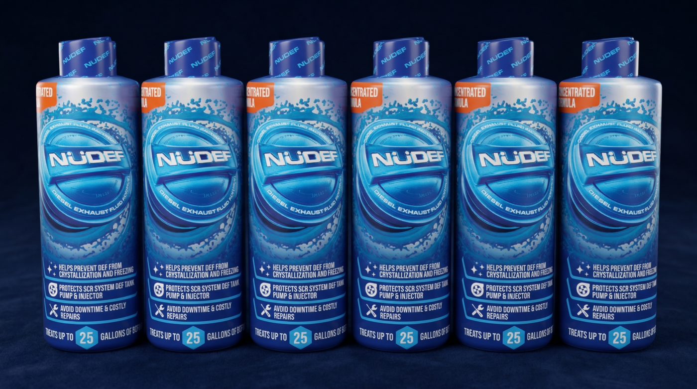 NüDef DEF additive 6-pack studio product shot for multi-vehicle and fleet use