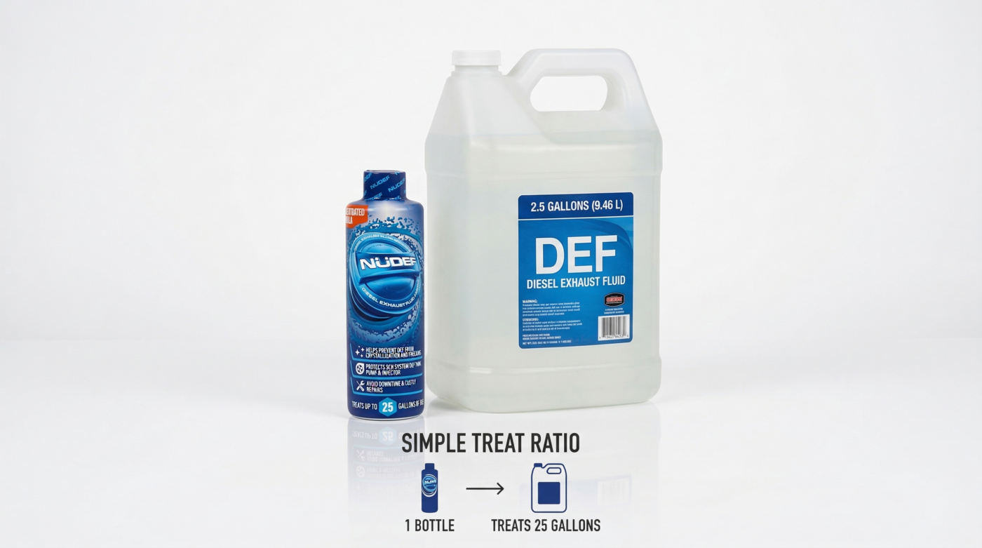 NüDef bottle next to DEF jug showing one bottle treats 25 gallons dosing ratio
