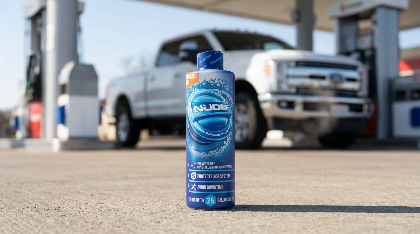 NüDef DEF additive bottle with diesel pickup truck showing proven SCR system protection