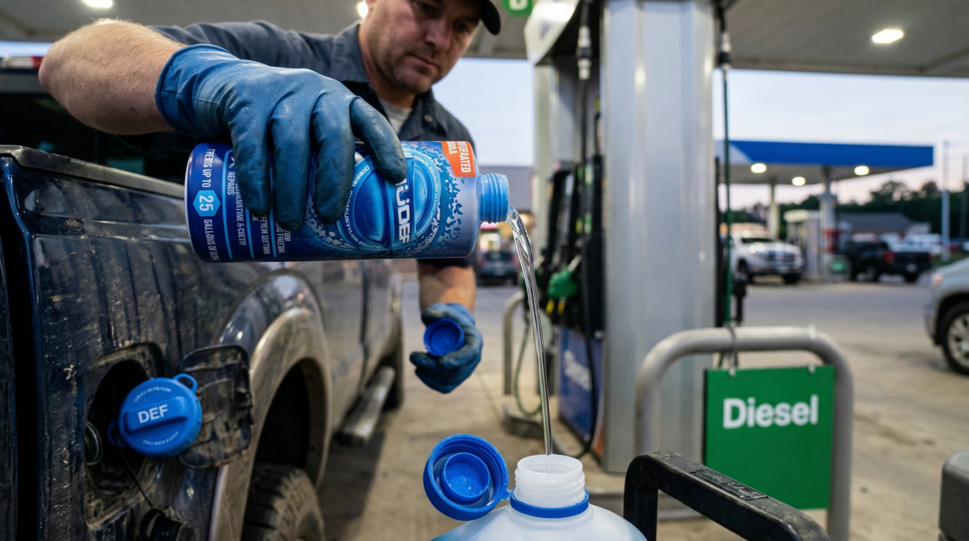 Adding NüDef DEF additive to diesel truck tank to prevent crystallization