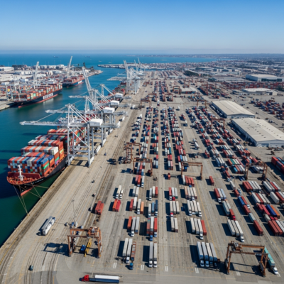 Aerial view of Port of Long Beach California with container ships and semi trucks