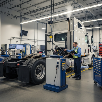 Diesel truck being inspected at California emissions testing station