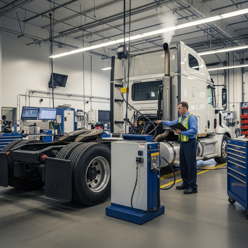Diesel truck being inspected at California emissions testing station