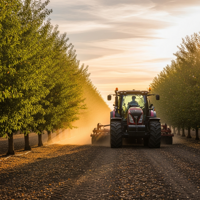 Agricultural tractor with emissions equipment in Central Valley California almond orchard