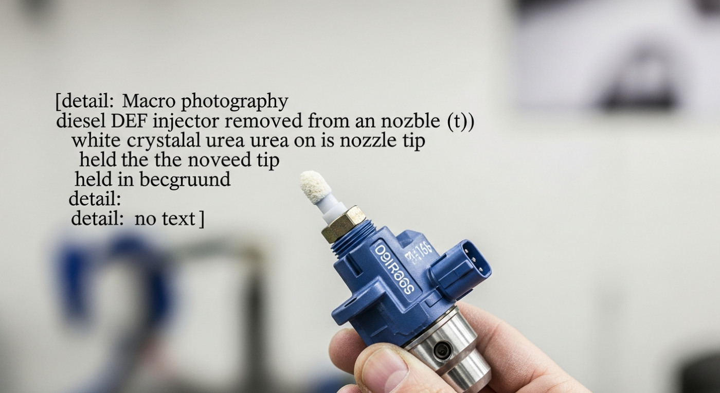 DEF injector removed from engine showing white crystalline urea deposits on nozzle tip