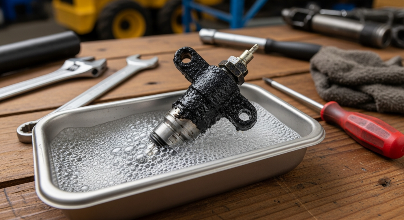 DEF injector soaking in cleaning solution in a parts tray on a diesel shop workbench