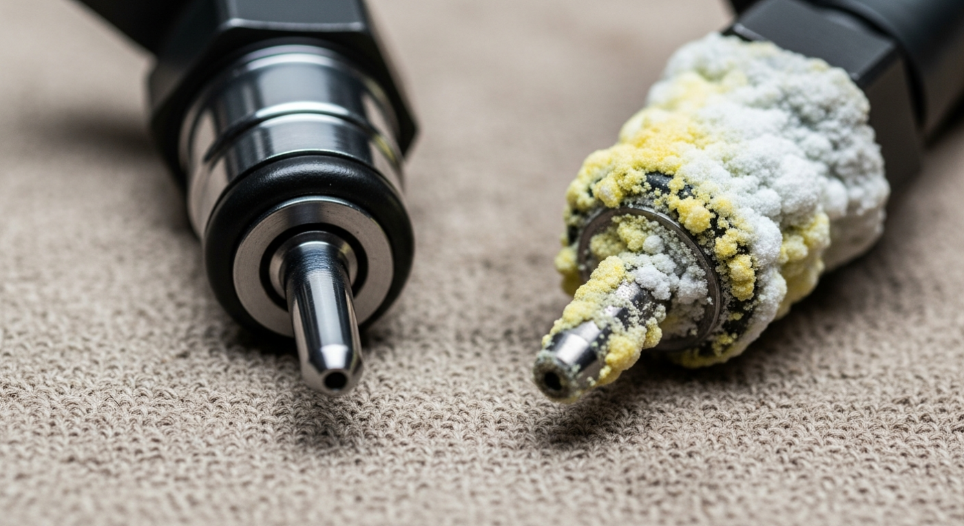 Clean DEF injector next to crystallized DEF injector for comparison side by side on a shop rag