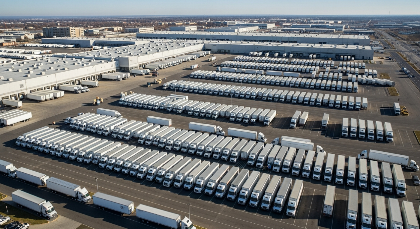 Commercial semi truck fleet at trucking terminal