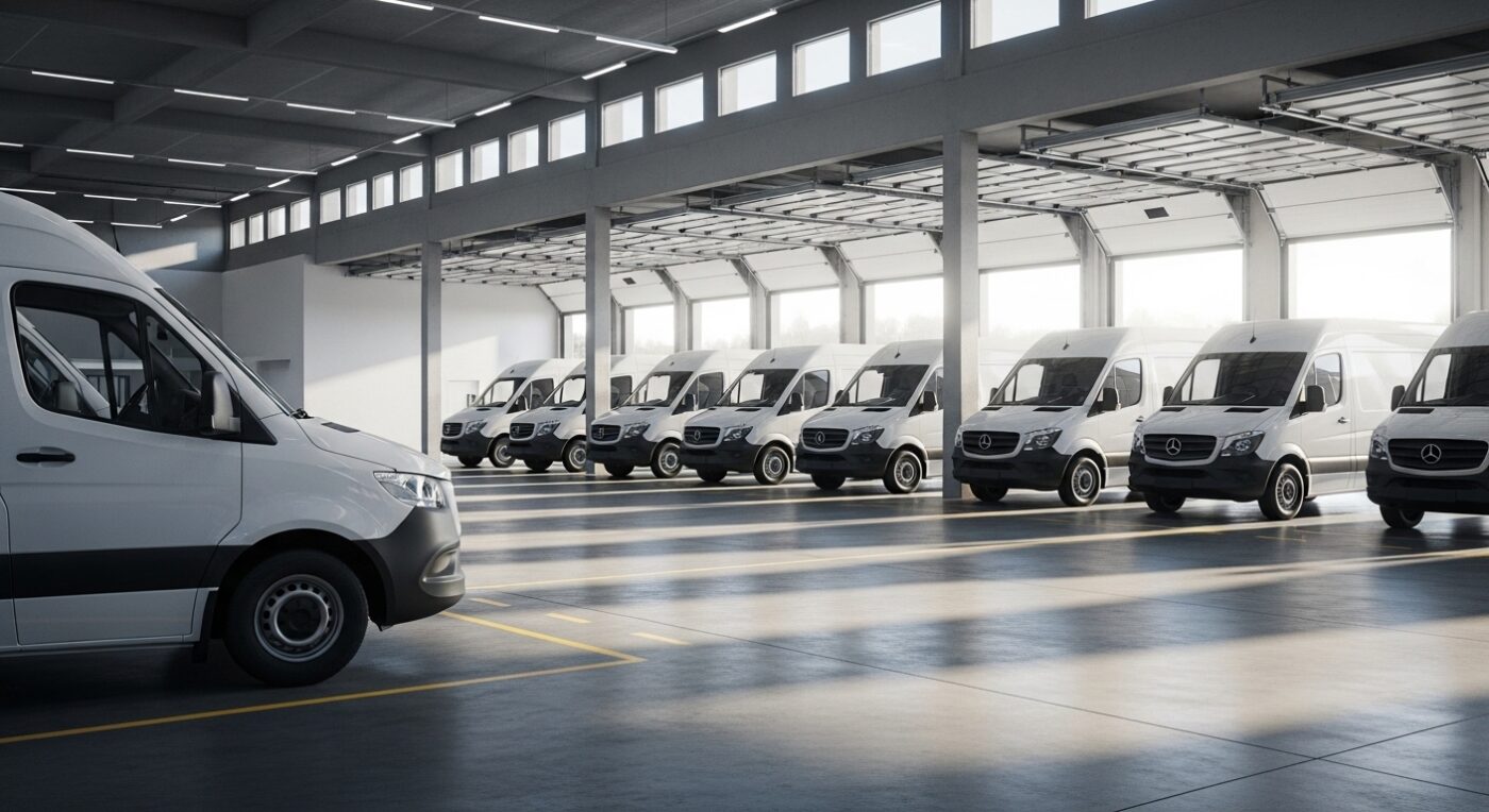 Fleet of white Mercedes Sprinter vans at delivery depot