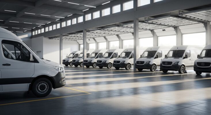 Fleet of white Mercedes Sprinter vans at delivery depot