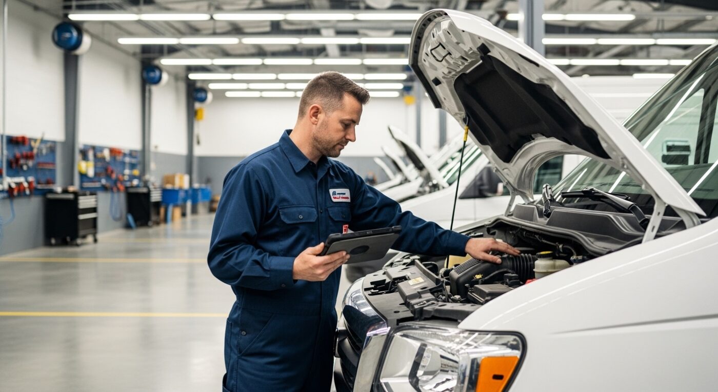 Fleet maintenance technician working on Sprinter van