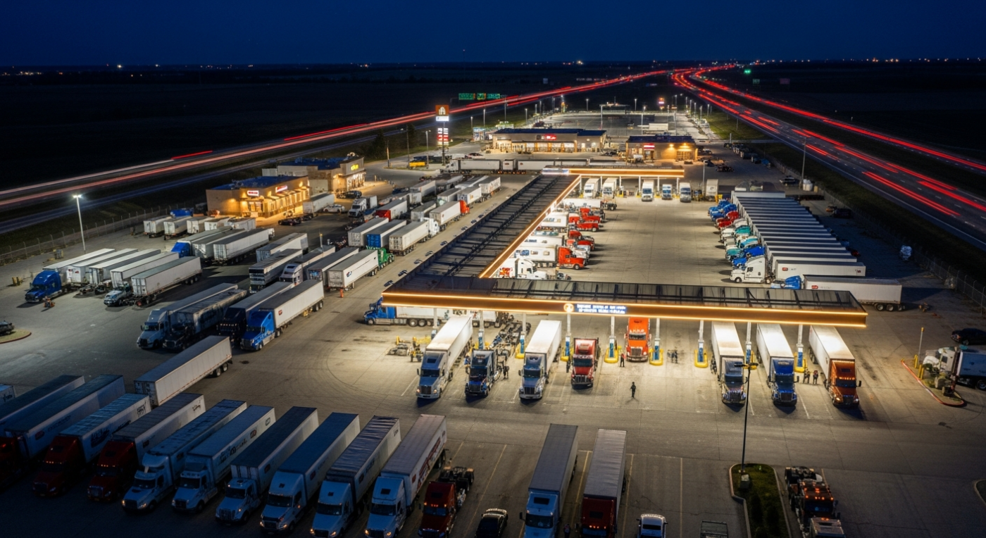 Busy truck stop at night with semi trucks