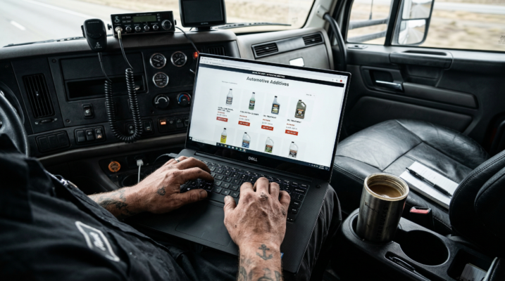 Diesel truck driver shopping for DEF additive online from truck cab